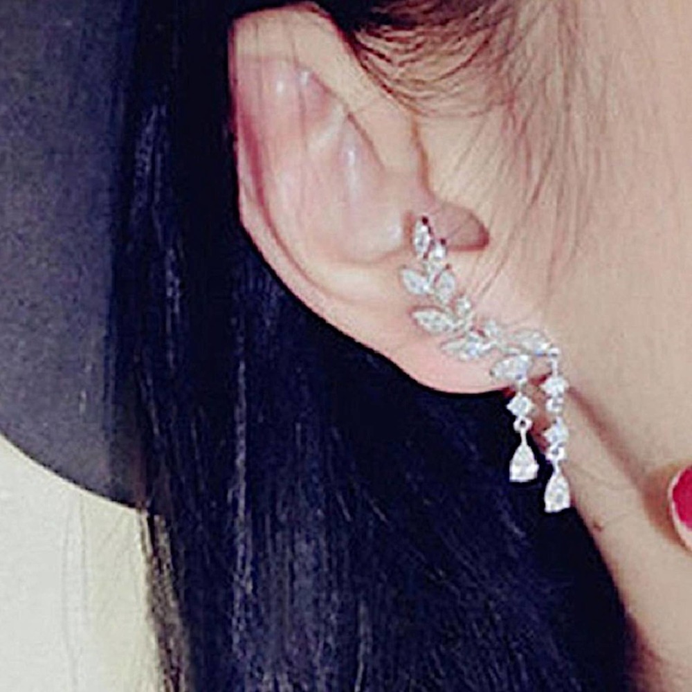 Silver Zircon Leaf Tassel Crystal Rhinestone Ear Climber Earrings - Picture 5 of 5